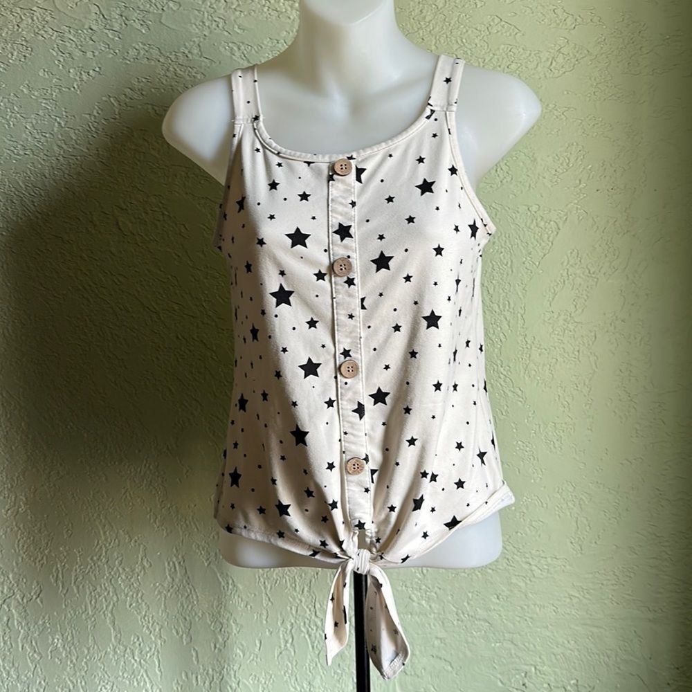 Lily Bleu Girls Size L Cream Sleeveless Tank Top Blue Star Print Casual Shirt